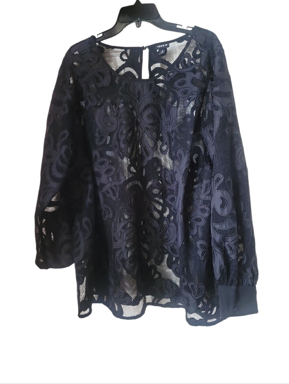 Torrid Women's Plus Size Oversize Fit Mesh Embroidery Long Sleeve Black Shirt 3